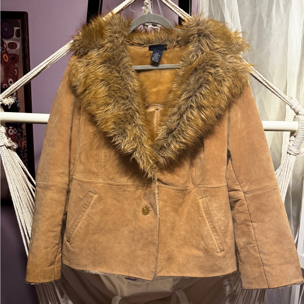 ‘Penny Lane’ style retro real suede leather and faux fur coat, size 14/16